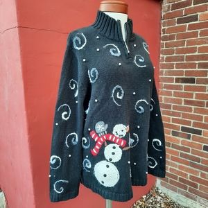 Vintage Ugly Christmas Sweater Snowman Snow Embroidered Mock Neck Holiday